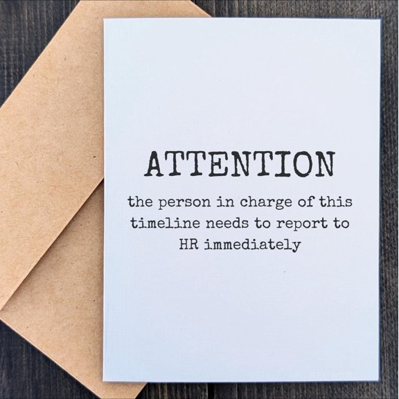Funny Office Humor Greeting Card - "Attention" Message for Coworker or Manager - Minimalist White Card with Kraft Brown Envelope for Workplace Occasions