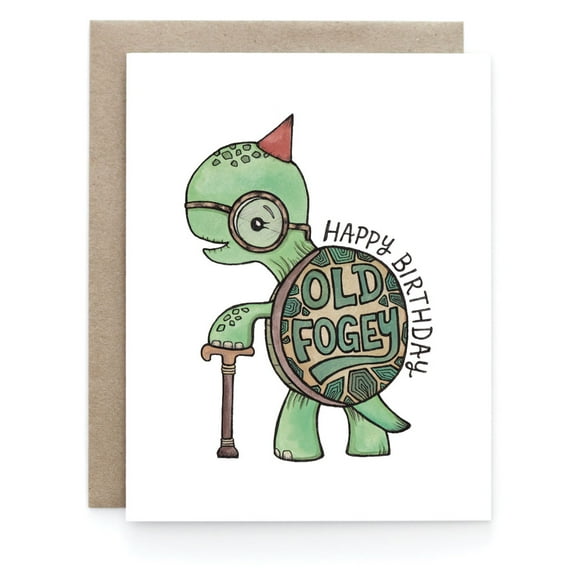 Funny Old Fogey Birthday Card  Cute Turtle Design with "Happy Birthday Old Fogey"  Envelope Included, Blank Inside  Perfect for Aging Friends and Family