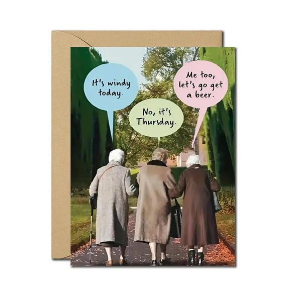 Funny Old Lady Birthday Card – Windy, Thursday, Beer Joke – Hilarious Aging Humor Greeting Card for Friends, Women, Seniors, Coworkers – Quirky Birthday Card with Envelope Included