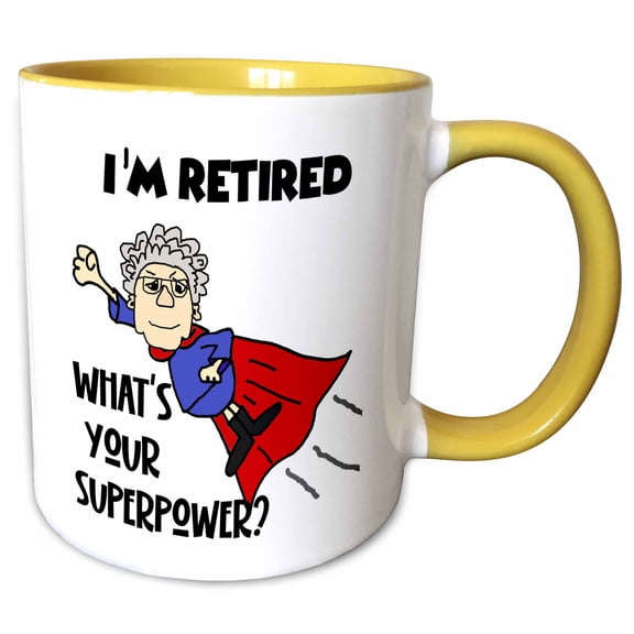 3drose, Funny Old Lady Superhero Im Retired Super Power Old Age Humor, 15oz Two-tone Yellow Mug