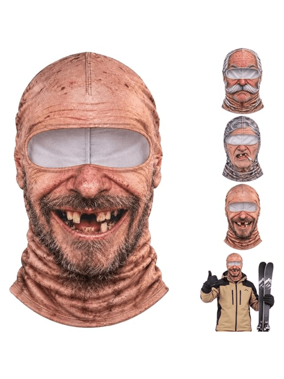 Funny Old Man Ski Mask, Realistic 3D Printed Face Ski Balaclava, Full Neck Protection with Stretch Fabric, Fits Under Ski Goggles & Helmets, Novelty Gift for Skiers and Party Goers