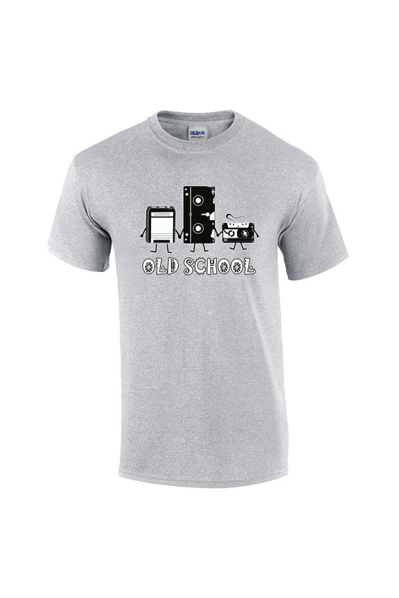 Funny Old School 8-Track Cassette VHS Retro Adult Graphic Short Sleeve T-shirt-Small Sports Grey