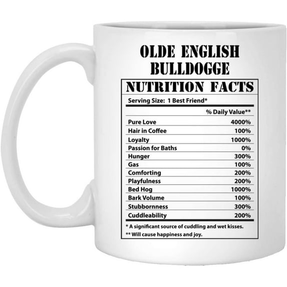 Funny Olde English Bulldogge Nutritional Facts Coffee Mug Dogs Lovers Birthday Gifts 2022 Christmas Nutrition Cup Ceramic White 11oz