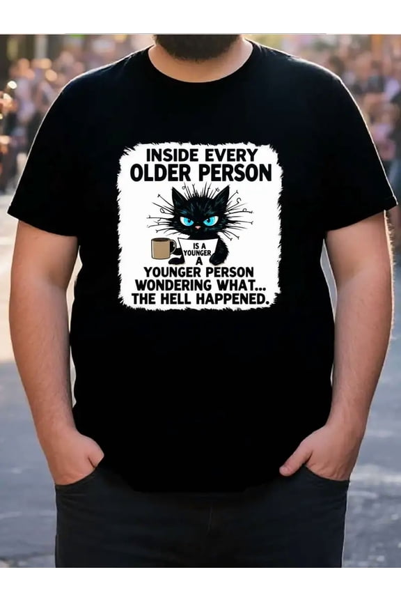 Funny Older Person Meme Black Cat Graphic Men Short Sleeve T-Shirt