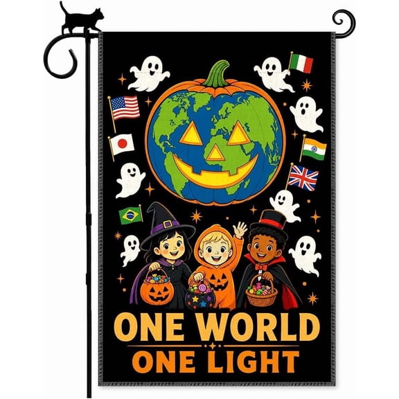 Funny One World One Light Halloween Kids Pumpkin Ghost Garden Flag | Double Sided Outdoor Lawn Farmhouse Yard Banner, Diversity Unity Gifts for Friends Family, Community Progress Flag