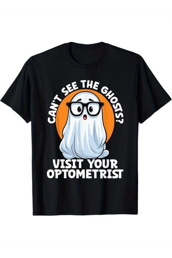 Funny Optometry Halloween T-Shirt - with Glasses & "See the Ghosts! Visit Your Optometrist" Saying - 100% Cotton Casual Round Neck Tee for Optometrist, Eye Doctor