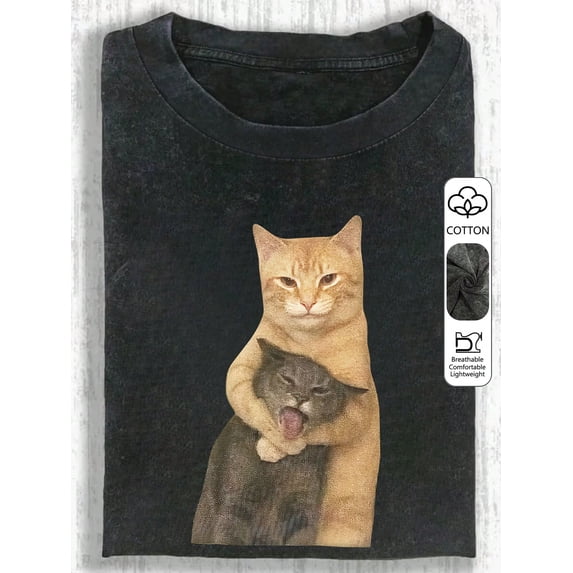 Funny Orange Cat Hugging Gray Cat Vintage Oversized Washed High Street Grunge Y2K Short Sleeve Crewneck Cotton Unisex Men's Women's Tee Shirt