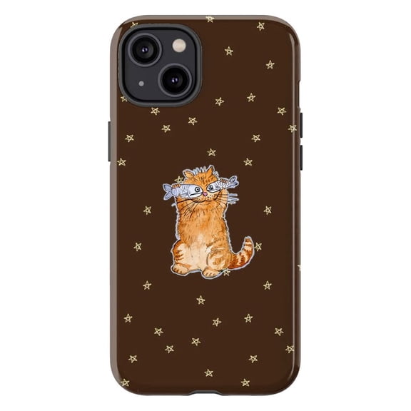 Funny Orange Cat with Fish Eyes Phone Case on Brown Star Pattern, Cute Whimsical Protective Cover for iPhone 17 16 15 14 13 12 11 Pro Max Plus Mini