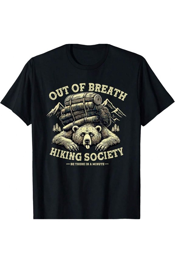 Funny Out of Breath Hiking Society Bear Graphic T-Shirt, Men's and Women's Outdoor Camping Tee