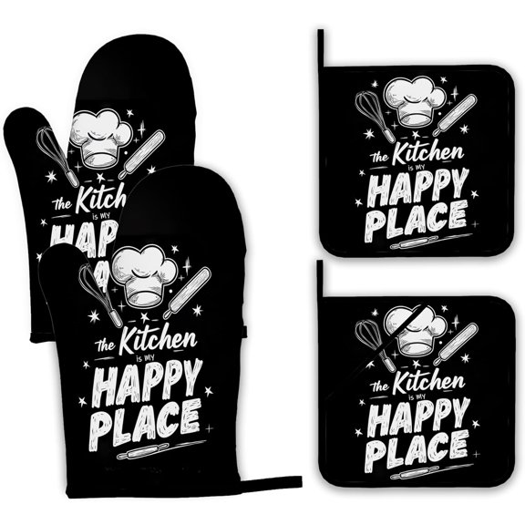 Funny Oven Mitts and Pot Holders Set,The Kitchen is My Happy Place Kitchen Decor Heat Resistant Non Slip Hot Pads and Oven Mitt for Chef Cooking Baking BBQ Mom Girl Gifts(4 Piece Set)