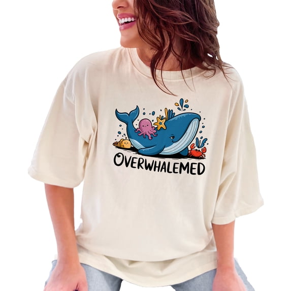 Funny Overwhalemed T-Shirt, Cute Ocean Animals Graphic Tee, Whale Octopus Starfish Crab Design, Humorous Marine Life Shirt, Ivory Comfort Colors T-Shirt, 2XL