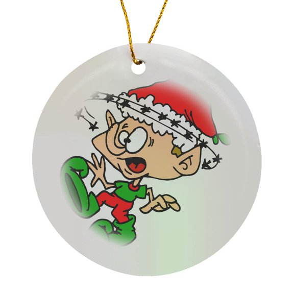 3drose, Funny Overwhelmed Christmas Elf Holiday Humor, Circle Porcelain Ornament