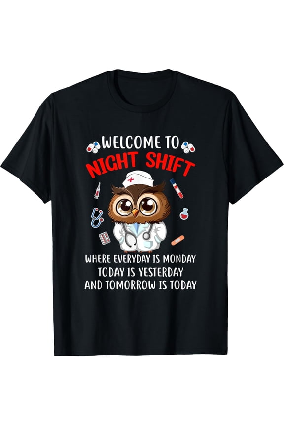 Funny Owl Night Shift Nurse Graphic T-Shirt - Cartoon Doctor & Medical Equipment Design