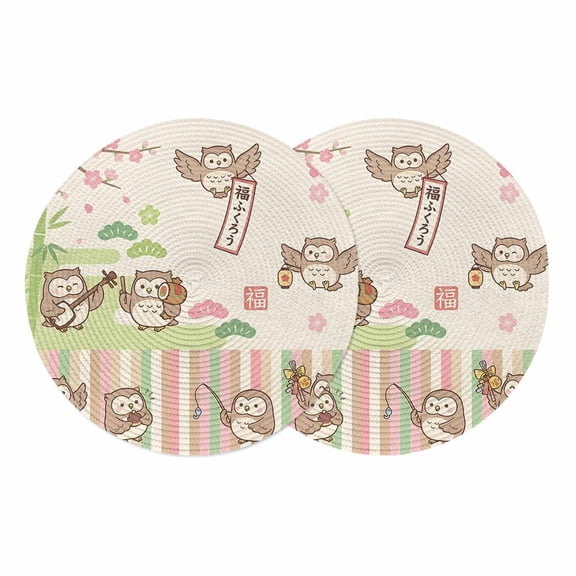 Funny Owls Round 13 Inch Placemats Set of 2, Cute Animals Flowers Cartoon HeatResistant Non Slip Place Mats for Dining Table, Wipeable Braided Kitchen Table Mats for Housewarming