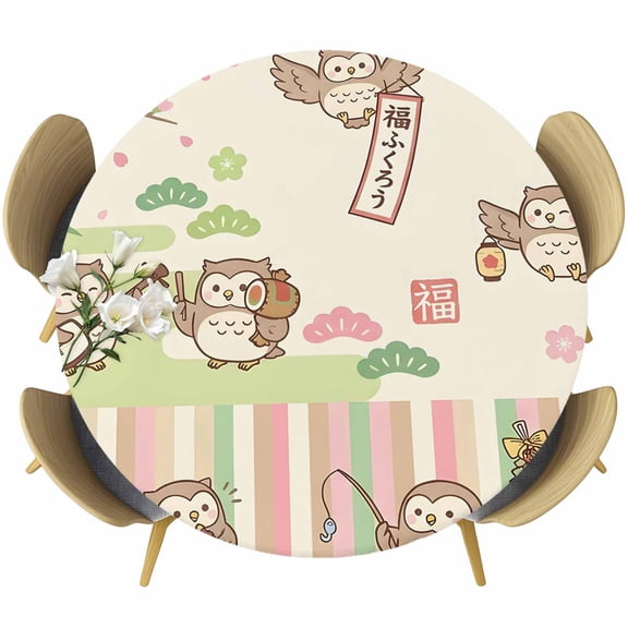 Funny Owls Round Tablecloth 45-54 Inch Round Fitted Table Cloth with Elastic Edge, Cute Animals Flowers Cartoon Waterproof Table Cover Protector for Outdoor Picnic Party Dining