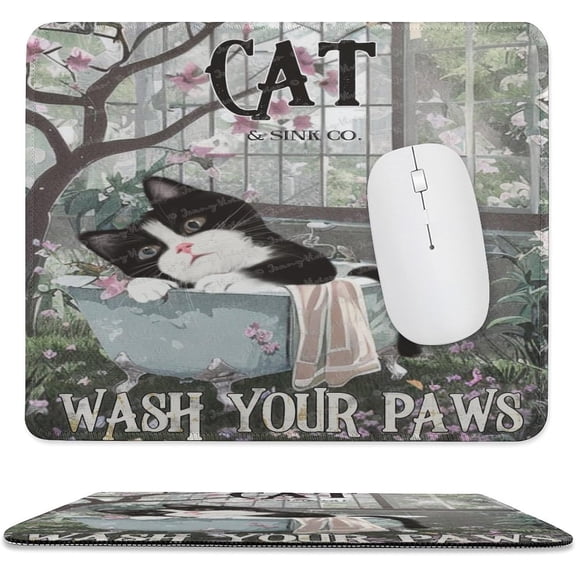 Funny Pad 10x12 Inch, Cat Mouse Pad, Non-Slip Rubber Rectangle Gaming Mouse Pad Mat with Stitched Edge for Work Home Office Laptop Computer, Wash Your Paws, Bathroom and Bathtub