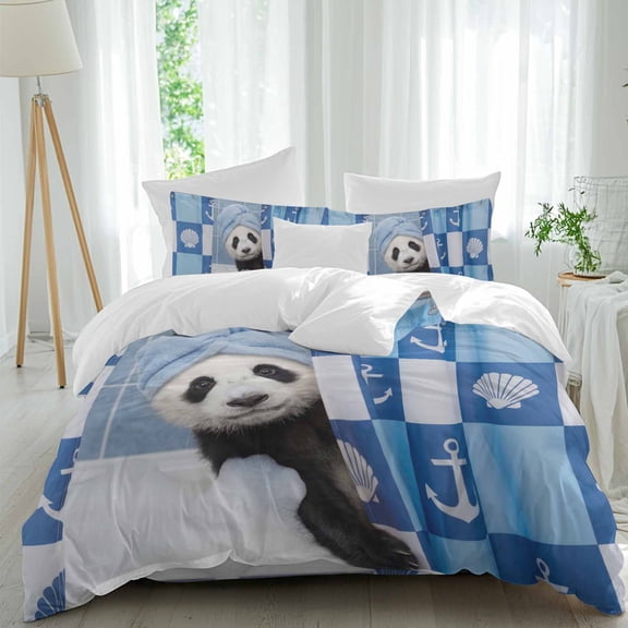 Funny Panda Bathing California King Size Bed Set,Abstract Animal Pattern Bedding for All Seasons,4 Pcs Bed Set with 1 Quiltcover (90"x106"),1 Sheet(94"x116"),2 Pillowcases (19"x35")