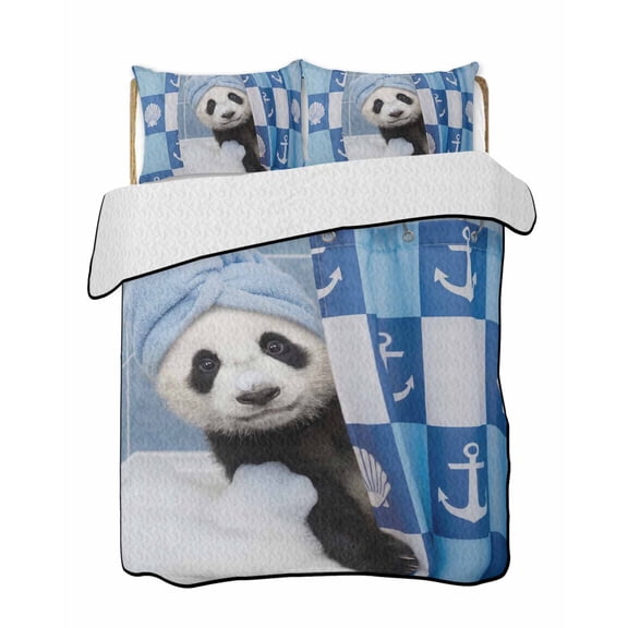 Funny Panda Bathing Quilts Bedding Set Twin Size Shell Anchors Towel Modern Abstract Lightweight Quilted Bedspread 3 Piece Bed Quilt with 2 Pillow Shams All Season for Bedroom 68" x 86"