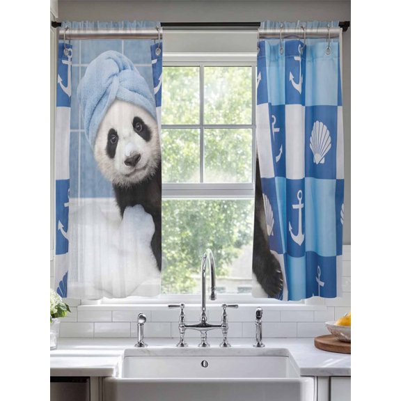 Funny Panda Bathing Sheer Curtains 2 Panels Set Abstract Animal Pattern Lihgt Filtering Rod Pocket Voile Drape,Semi Sheer Window Curtains for Bedroom Living Room,52"x72"
