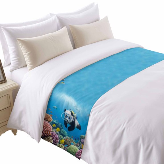 Funny Panda Diving Bed Runner for Twin Size Bed, Seafloor Corals Fish Oceans Modern Soft Bedding Scarf Bedding Protector Slipcover Sofa Throw for Bedroom Hotel Guesthouse