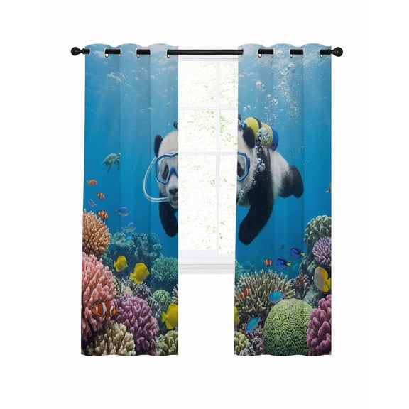 Funny Panda Diving Blackout Curtains for Bedroom Living Room, Seafloor Corals Fish Oceans Modern 96 In Long Thermal Insulated Room Darkening Drapes Grommet Window Treatments, 52 x 96 In