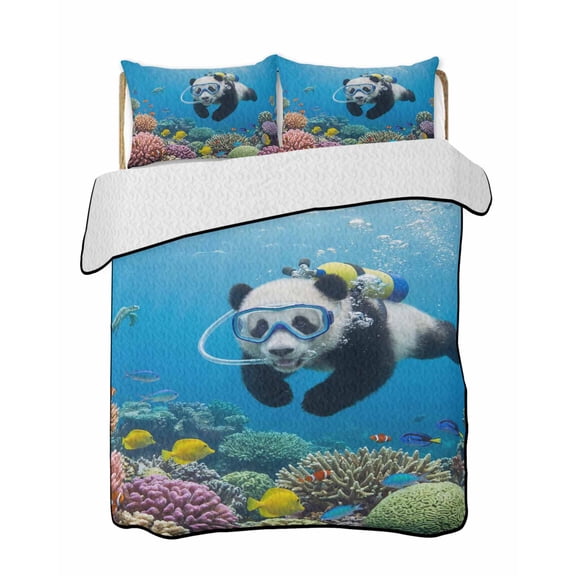 Funny Panda Diving Quilts Bedding Set Twin Size Seafloor Corals Fish Oceans Modern Lightweight Quilted Bedspread 3 Piece Bed Quilt with 2 Pillow Shams All Season for Bedroom 68" x 86"