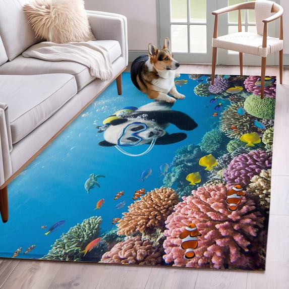 Funny Panda Diving Washable Area Rugs 4'x6', Seafloor Corals Fish Oceans Modern Low Pile Throw Living Room Rug Non-Slip Sturdy Edge Binding Carpet for Indoor Entryway Bedside Kitchen
