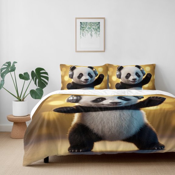 Funny Panda Headphones California King Size Bed Set,Cute Animal Art Shining Back Bedding for All Seasons,4 Pcs Bed Set with 1 Quiltcover (96"x104"),1 Sheet (110"x98"),2 Pillowcases (20"x36")