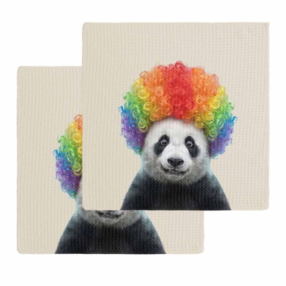 Funny Panda Kitchen Dish Towels for Drying Dishes Set of 2, Rainbow Abstract Animals Waffle Weave Microfiber Hand Tea Bathroom Towels Quick Dry & Absorbent Towel 12x12