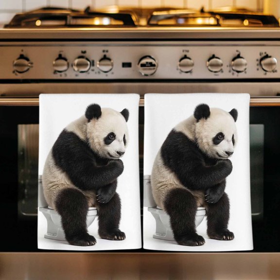 Funny Panda Kitchen Towels Set of 4, Cute Art Fun Lovely Animals on Toilets Absorbent Dish Towels for Kitchen, Microfiber Hand Towel, Quick Drying Tea Towel for Cleaning Decorative Dishcloths