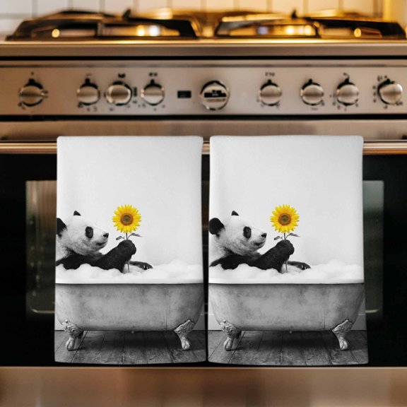 Funny Panda Kitchen Towels Set of 4, Cute Art Vintage Lovely Animals on Bathtub Absorbent Dish Towels for Kitchen, Microfiber Hand Towel, Quick Drying Tea Towel for Cleaning Decorative Dishcloths