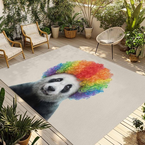 Funny Panda Outdoor Rug 3x5 Ft - Reversible Patio Rug Outdoor Camping Rugs, Rainbow Abstract Animals Washable Indoor Outdoor Area Rugs, Non-Slip Outdoor Carpet Runner for Deck/Porch