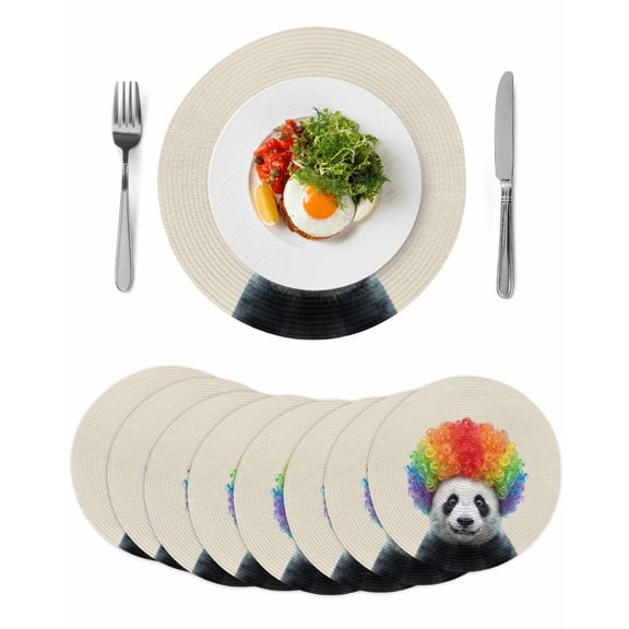 Funny Panda Round 13 Inch Placemats Set of 8, Rainbow Abstract Animals HeatResistant Non Slip Place Mats for Dining Table, Wipeable Braided Kitchen Table Mats for Housewarming