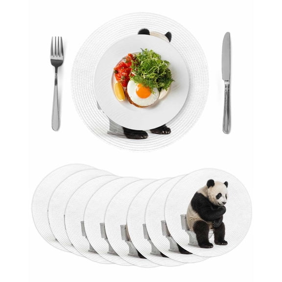 Funny Panda Round 15 Inch Placemats Set of 8, Cute Art Fun Lovely Animals on Toilets HeatResistant Non Slip Place Mats for Dining Table, Wipeable Braided Kitchen Table Mats for Housewarming