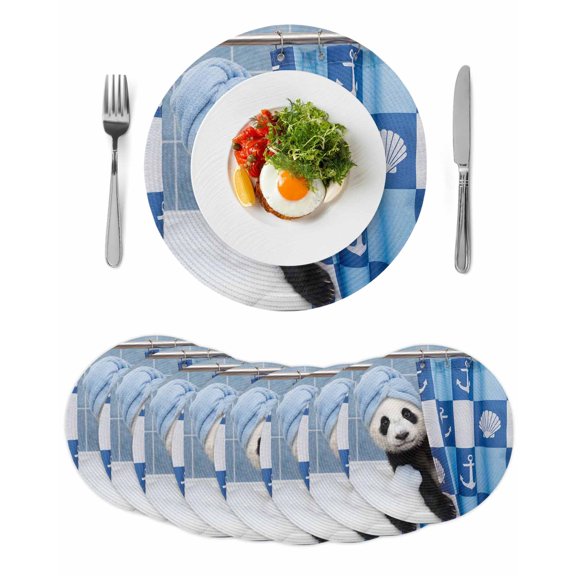 Funny Panda Round 15 Inch Placemats Set of 8, Cute Art Modern Lovely Animals on Showering Blue HeatResistant Non Slip Place Mats for Dining Table, Wipeable Braided Kitchen Table Mats for Housewarming