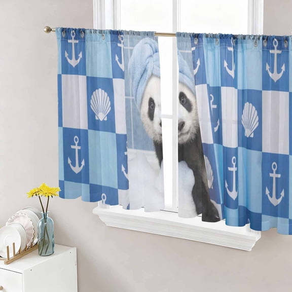 Funny Panda Sheer Curtains 54 Inches Length 2 Panels Set, Window Sheer Curtains for Living Room/Bedroom, Cute Art Modern Lovely Animals on Showering Blue Light Filter Rod Pocket Curtain 52''x54''x2
