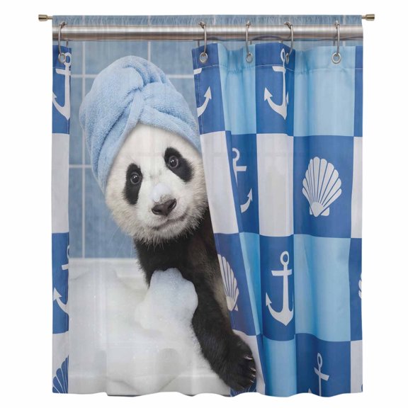 Funny Panda Sheer Curtains 54 Inches Long, Cute Art Modern Lovely Animals on Showering Blue Light Filering Curtains, Breathable Simi Curtain Privacy Drapes for Kitchen Bathroom Small Window Treatment