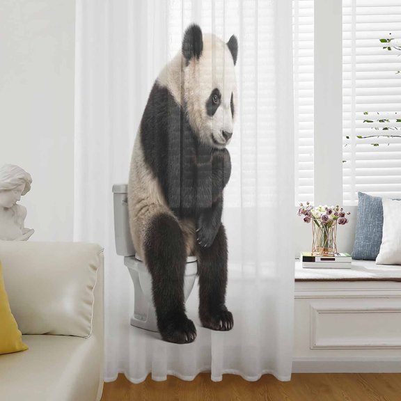 Funny Panda Sheer Curtains 54 Inches Long for Living Room/Bedroom, Cute Art Fun Lovely Animals on Toilets Rod Pocket Voile Kitchen Curtains & Drapes Window Treatment 1 Panel, 52"W x 54"L