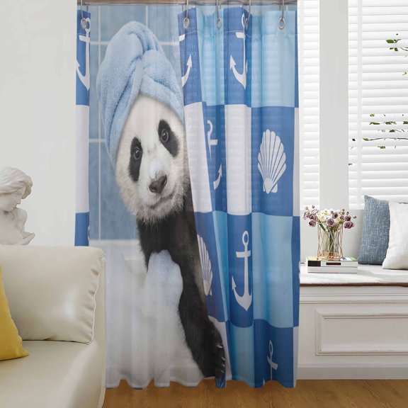 Funny Panda Sheer Curtains 54 Inches Long for Living Room/Bedroom, Cute Art Modern Lovely Animals on Showering Blue Rod Pocket Voile Kitchen Curtains & Drapes Window Treatment 1 Panel, 52"W x 54"L