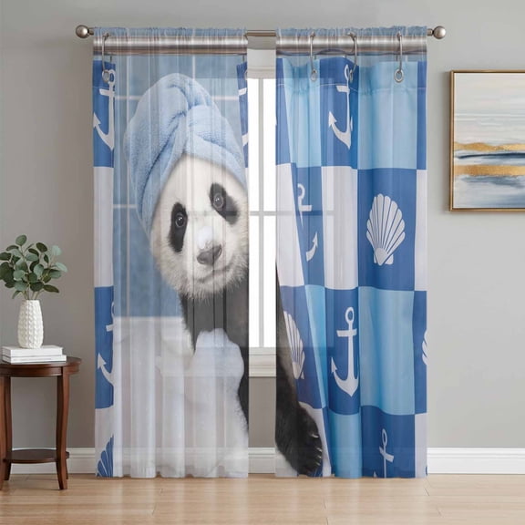 Funny Panda Sheer Curtains 72 Inches Long 2 Panels Set, Window Sheer Curtains for Living Room/Bedroom, Cute Art Modern Lovely Animals on Showering Blue Light Filtering Rod Pocket Curtain 52''x72''x2