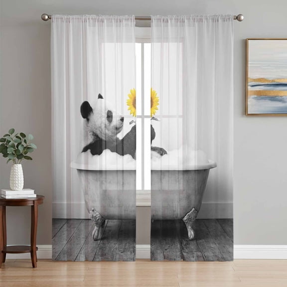 Funny Panda Sheer Curtains 84 Inch Length 2 Panels Set for Living Room/Bedroom, Cute Art Vintage Lovely Animals on Bathtub Semi Curtain Sheers Drapes Rod Pocket Curtains Window Treatment 52''x84''x2