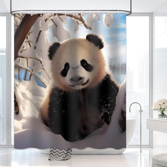 Funny Panda Shower Curtain for Bathroom, Winter Snow Panda Fun Shower Curtain Set Waterproof Polyester Durable Bathtub Curtain Decor with 12 Hooks, 72x72 inches