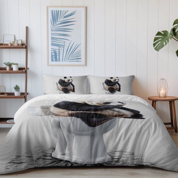 Funny Panda Sitting on The Toilet California King Size Bed Set,Gray and White Animal Art Bedding for All Seasons,4 Pcs Bed Set with 1 Quiltcover (96"x104"),1 Sheet (110"x98"),2 Pillowcases (20"x36")
