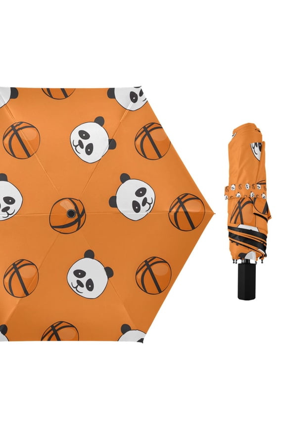 Funny Panda and Basketball Compact Sun Umbrella Windproof Travel Umbrellas for Rain Strong Portable UV Protection