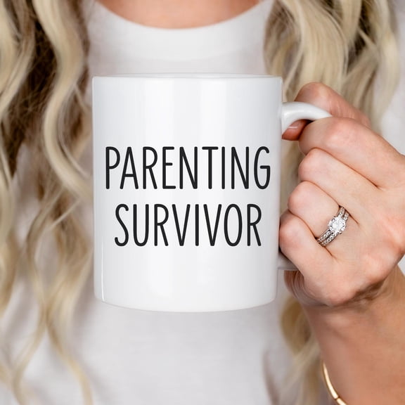 Funny Parenting Mug, Minimalist Coffee Cup with British Humour, Tired Parents Gift for New Moms Dads Gifts
