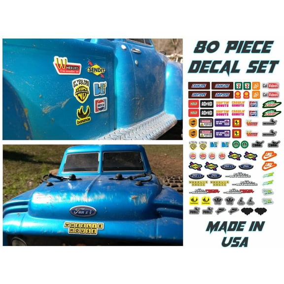 Funny Parody Vinyl Decals Stickers for RC car Truck - 80pc Set - Made for/COMPATABLE with: Axial SCX10 II III Arrma Outcast Losi 5T 8ight Traxxas Xmaxx Trailfinder