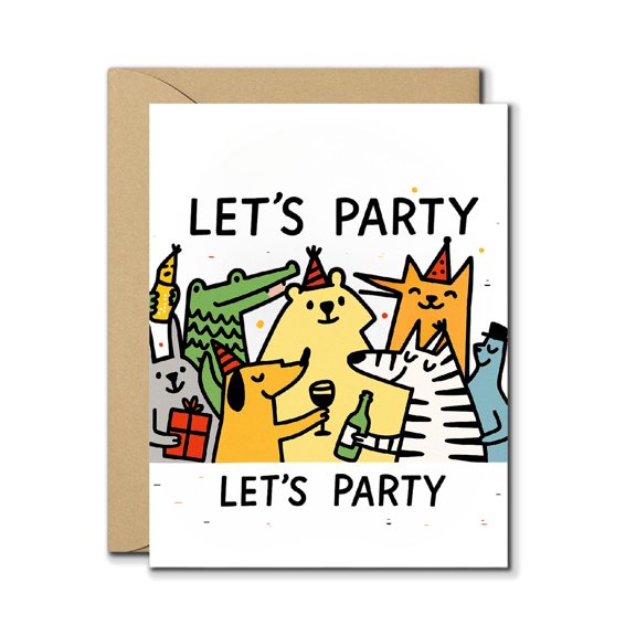 Funny Party Animals Greeting Card with Envelope Lets Party Cartoon Animal Design, Blank Inside, Celebration Greeting Card for Birthdays, Parties, Friends, Family, Adults, Kids
