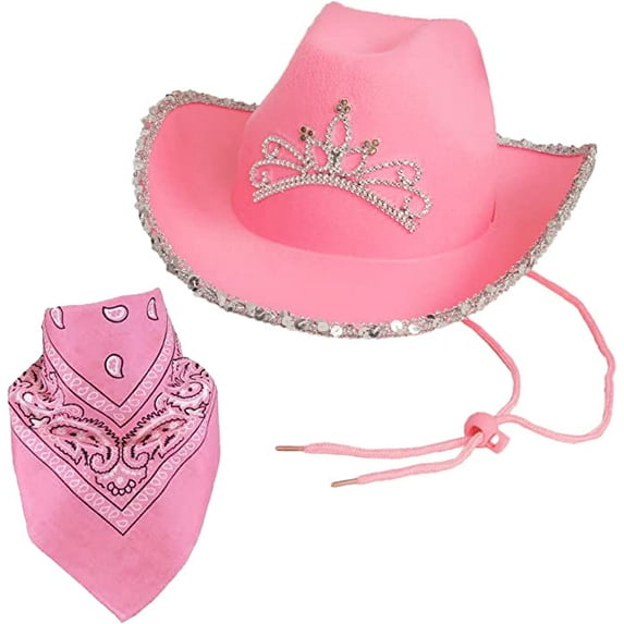 Funny Party Hats Adult Glam Cowboy Hat, Felt Cowboy Hat with Paisley Bandana, 2-Piece Set, Pink, One Size fits Most