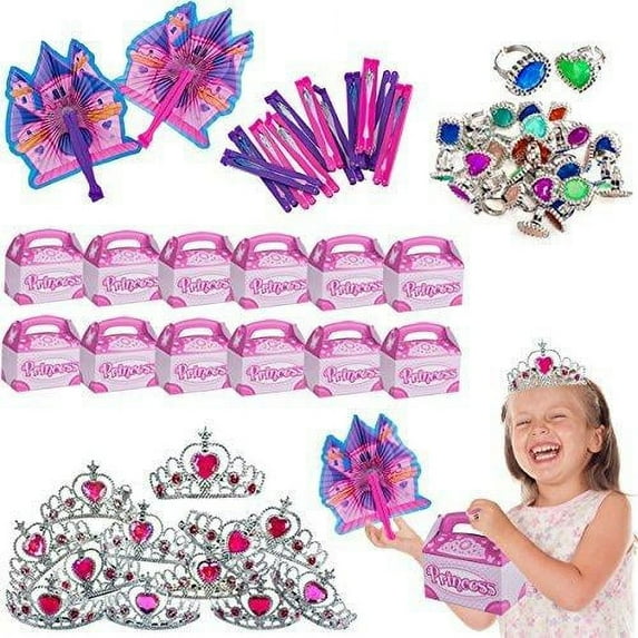 Funny Party Hats Princess Party Supplies - Party Favors - 72 Pc Set - Tiaras, Princess Fans, Treat Boxes & Princess Rings