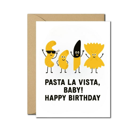 Funny Pasta Birthday Card – “Pasta La Vista, Baby!” Cute Cartoon Design – Blank Inside, Envelope Included – Perfect Pun Card for Food Lovers & Friends